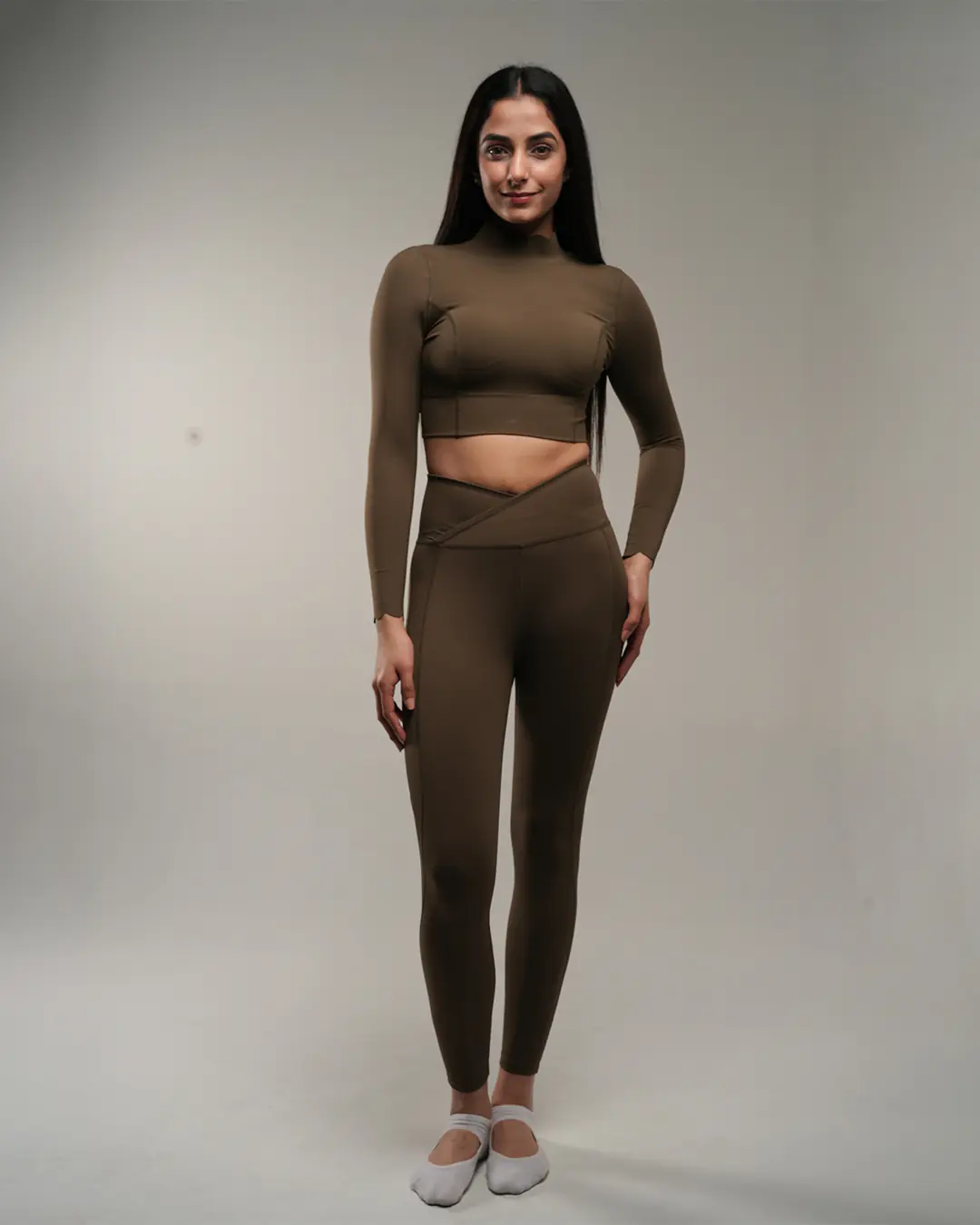 Cypress-colored Crisscross Hourglass Leggings front view with a flattering crisscross waistband