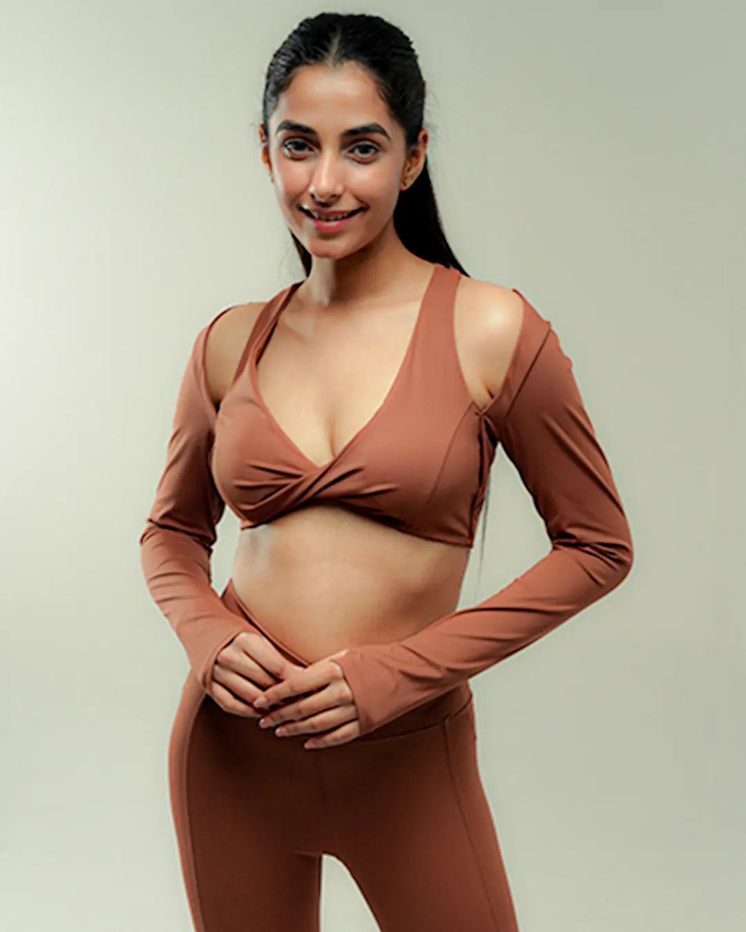 Truffle Plunge Wrap Blouse close-up showcasing the plunge neckline and wrap detailing