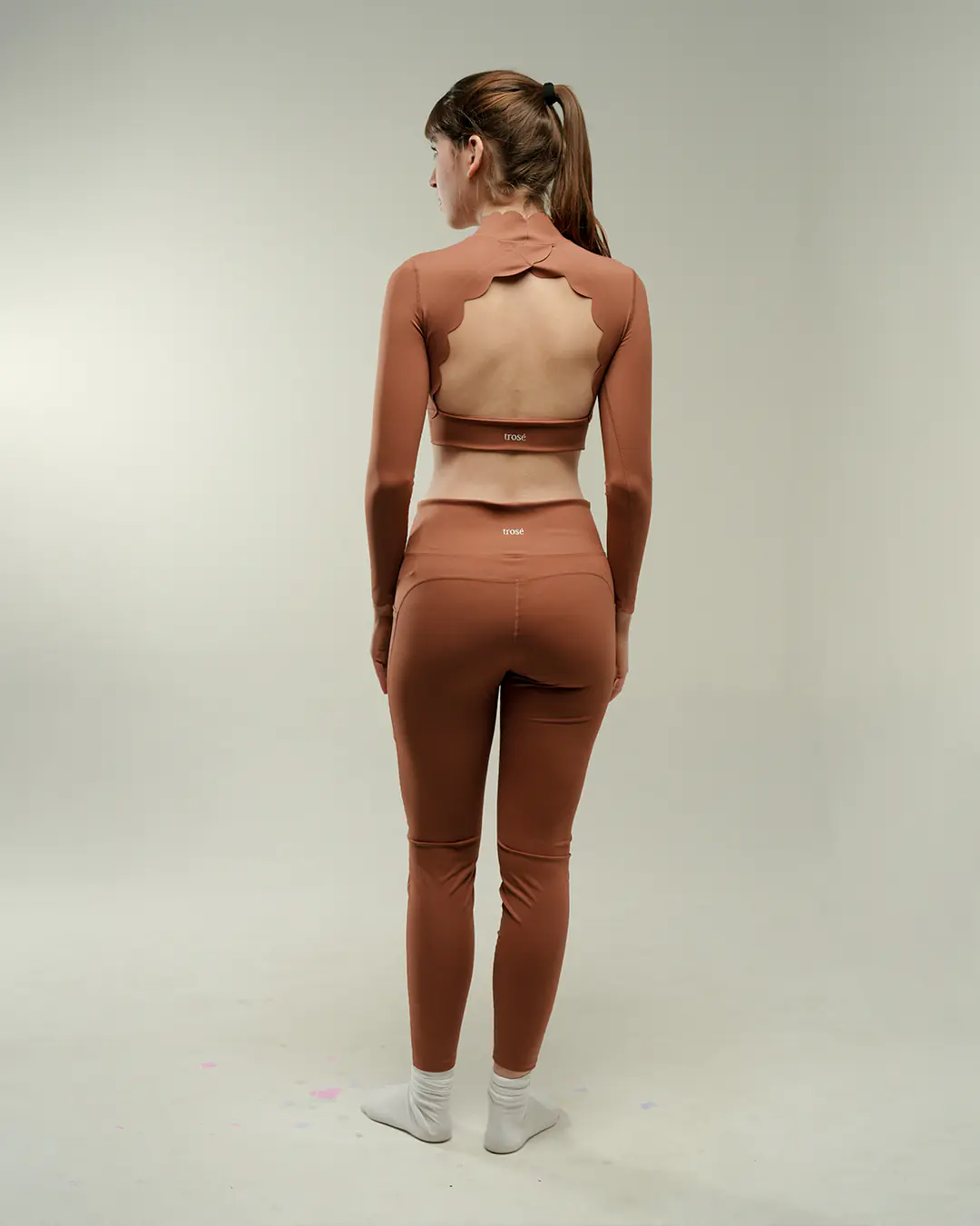Cacao Cloud Scallop Back Long Sleeve Blouse back view showcasing the elegant scalloped back design